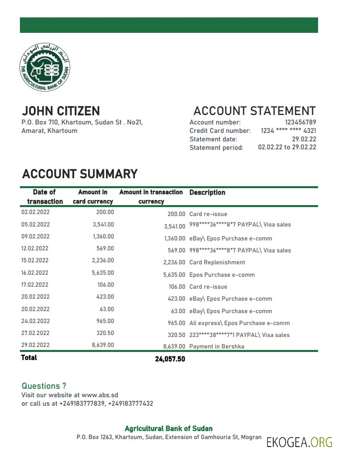 Relevé bancaire de la Banque agricole du Soudan du Soudan xls